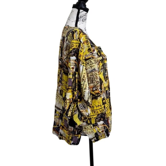 Luukaa Linen Top Abstract Print Yellow Black Art to Wear Womens Size 14 - Picture 2 of 7